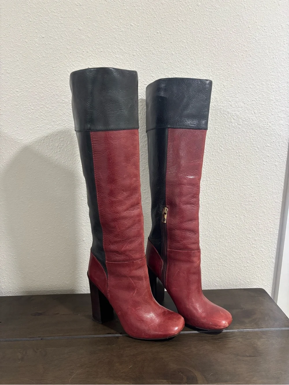 Tory Burch Two-Tone Red and Black Knee-High Leather Boots